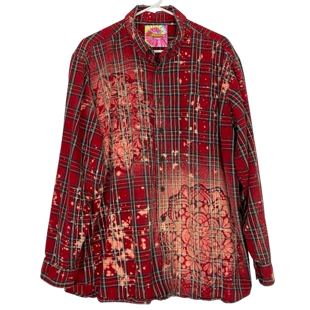 Handmade Floral Flannel Shirt Unisex Size XL XXL Bleached Plaid Button Down Red